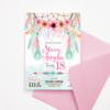 Bohemian Birthday Invitation - Pink/Green Feathers, Dreamcatcher