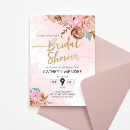 Bridal Shower Invitation - Watercolor/Paint Pink & Gold Flowers