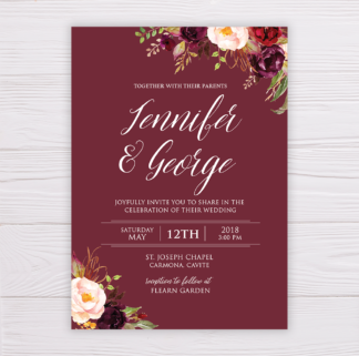 Maroon Wedding Invitation - Floral/Marsala Flowers