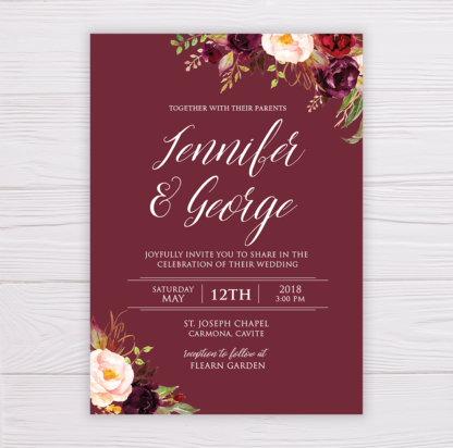 Maroon Wedding Invitation - Floral/Marsala Flowers