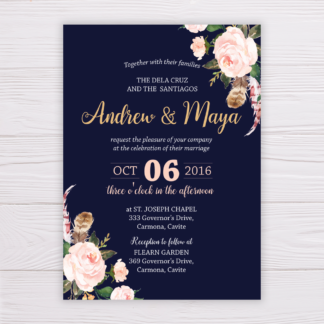 Navy Blue & Blush Flowers Wedding Invitation