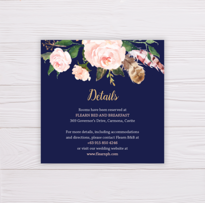 Navy Blue & Blush Flowers Wedding Invitation - Details Card