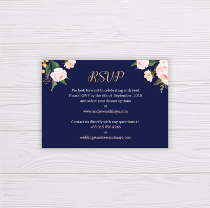 Navy Blue & Blush Flowers Wedding Invitation - RSVP