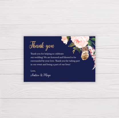 Navy Blue & Blush Flowers Wedding Invitation - Thank You Card