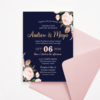 Navy Blue & Blush Flowers Wedding Invitation