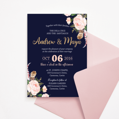 Navy Blue & Blush Flowers Wedding Invitation