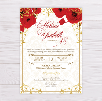 Red Flowers & Gold Glitter Ornaments Invitation
