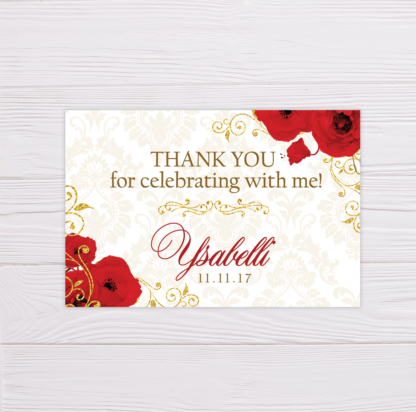 Red Flowers & Gold Glitter Ornaments Thank You Card