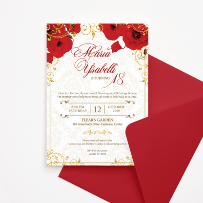 Royal Birthday Invitation with Red Flowers & Gold Glittered Ornaments