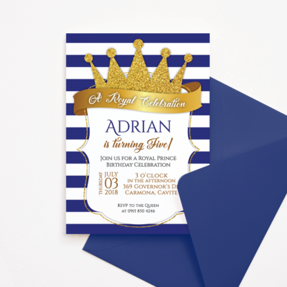 Blue Royal Prince Birthday Invitation with Gold Crown