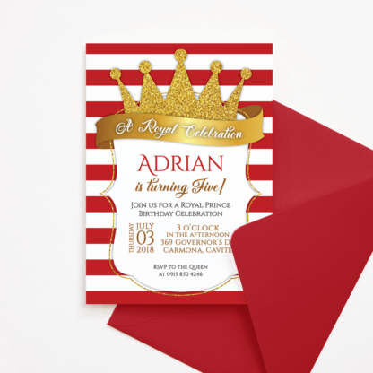 Red Royal Prince Birthday Invitation with Gold Crown