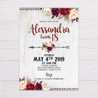 Maroon Bohemian Invitation with Flowers