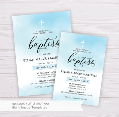 Christening/Baptism Invitation Template with Blue Watercolor