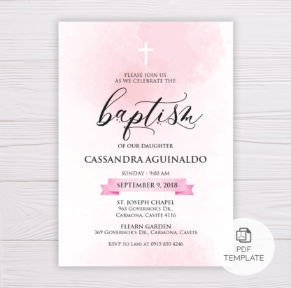 Pink Watercolor Baptism Invitation Template