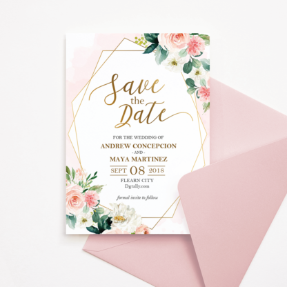 Blush Flowers and Gold Frame Save the Date Template