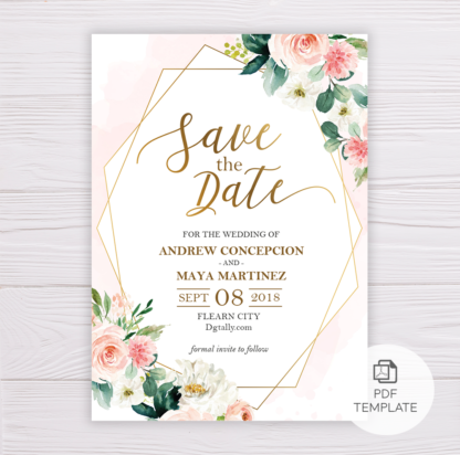 Blush Flowers and Gold Frame Save the Date Template