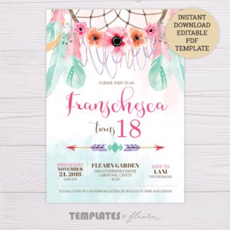 Pink Green Bohemian Invitation with Dreamcatcher and Feathers