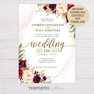 Marsala Flowers with Gold Frame Wedding Invitation Template