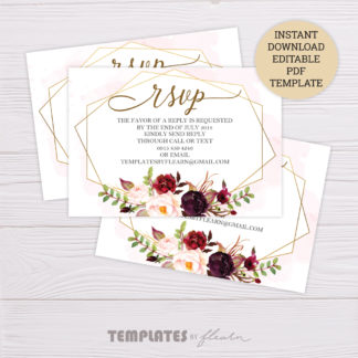 Marsala Flowers with Gold Frame Wedding Invitation RSVP Template