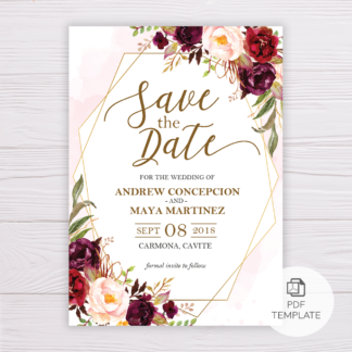 Marsala Flowers and Gold Frame Save the Date Template