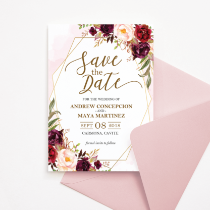 Marsala Flowers and Gold Frame Save the Date Template
