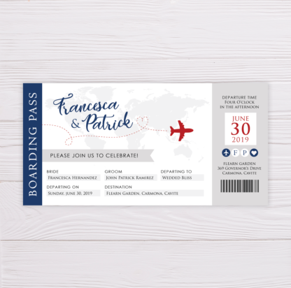 Boarding Pass Wedding Invitation - Blue & Red