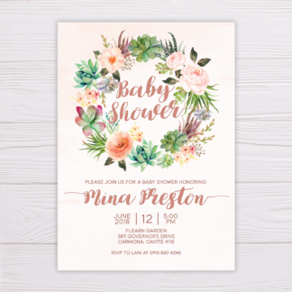 Blush Watercolor with Succulent Wreath Baby Shower Invitation