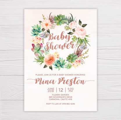Blush Watercolor with Succulent Wreath Baby Shower Invitation