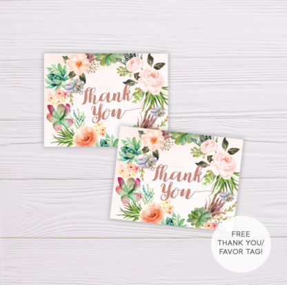 Blush Watercolor with Succulent Wreath Thank You Card