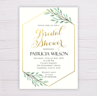 Bridal Shower Invitation - Green Leaves & Gold Frame