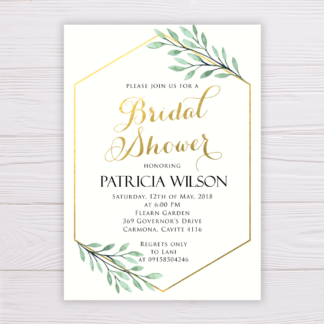 Bridal Shower Invitation - Green Leaves & Gold Frame