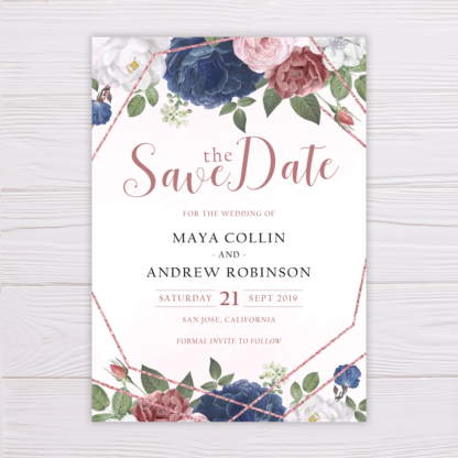 Dusty Blue & Rose with Rose Gold Frame Save the Date