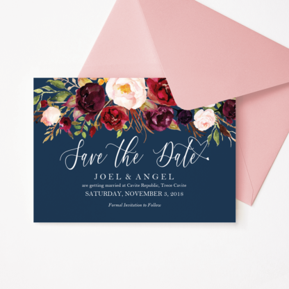 Navy Blue and Maroon Marsala Flowers Save The Date Template