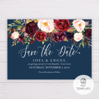 Navy Blue and Maroon Marsala Flowers Save The Date Template