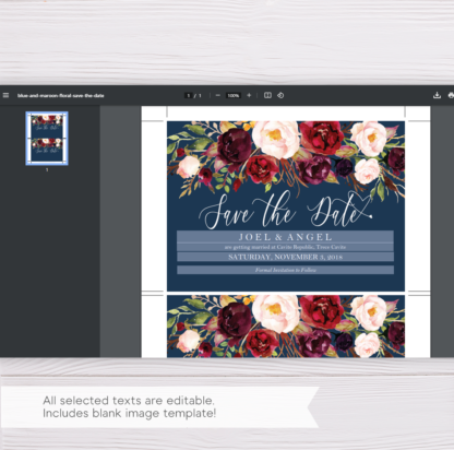 Navy Blue and Maroon Marsala Flowers Save The Date Template