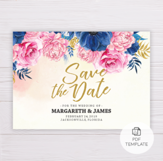 Save the Date Template with Pink and Blue Flowers