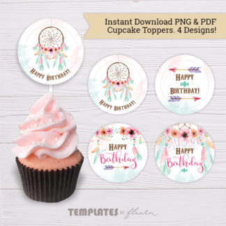 Pink & Green Bohemian Birthday/Party Cupcake Toppers
