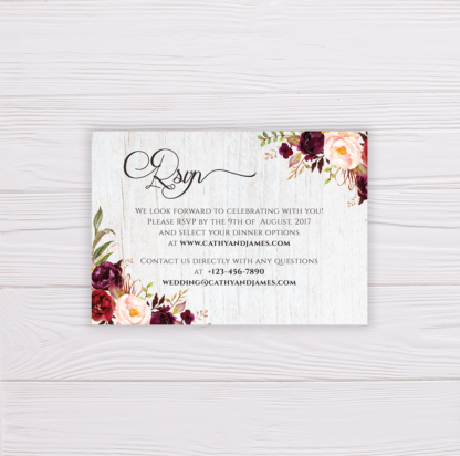 Rustic Wedding Invitation Set - Maroon/Red/Blush Flowers, Floral