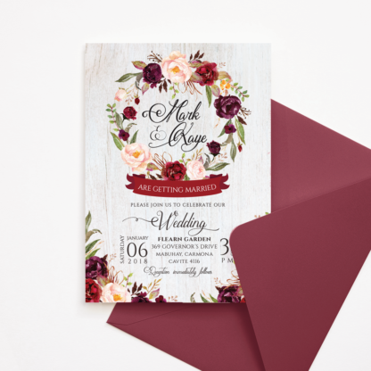 Rustic Wedding Invitation Set - Maroon/Red/Blush Flowers, Floral