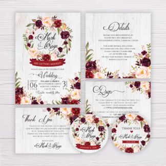 Rustic Wedding Invitation Set - Maroon/Red/Blush Flowers, Floral