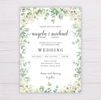 Wedding Invitation - Greenery, Leaves, White Flowers