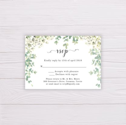 Wedding Invitation - Greenery, Leaves, White Flowers - RSVP