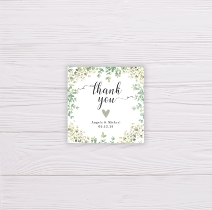 Wedding Invitation - Greenery, Leaves, White Flowers - Thank You Tag
