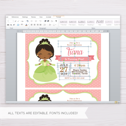 Princess Tiana The Frog and the Princess Invitation Template in MS Word