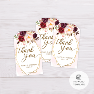 Blush Watercolor & Marsala Flowers with Gold Frame Thank You Tag/Favor Tag Template