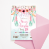 Bohemian Birthday Invitation Template - Pink/Green Feathers, Dreamcatcher
