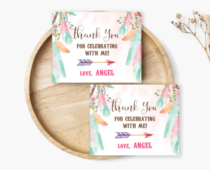 Bohemian Thank You Card Template - Watercolor Pink and Green Feathers