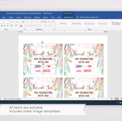 Bohemian Thank You Card Template - Watercolor Pink and Green Feathers