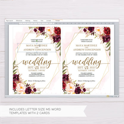 Marsala Flowers with Gold Frame Wedding Invitation Template in MS Word