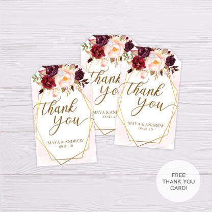Marsala Flowers with Gold Frame Wedding Favor Tag/Thank You Tag Template in MS Word